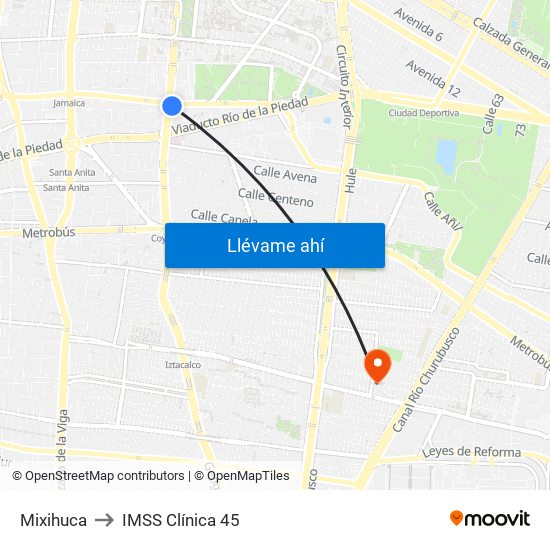 Mixihuca to IMSS Clínica 45 map