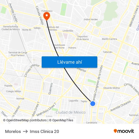 Morelos to Imss Clinica 20 map