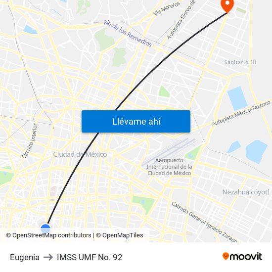 Eugenia to IMSS UMF No. 92 map