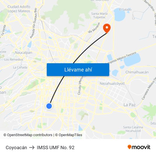 Coyoacán to IMSS UMF No. 92 map