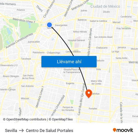 Sevilla to Centro De Salud Portales map