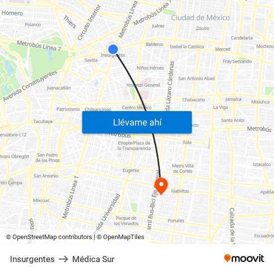 Insurgentes to Médica Sur map