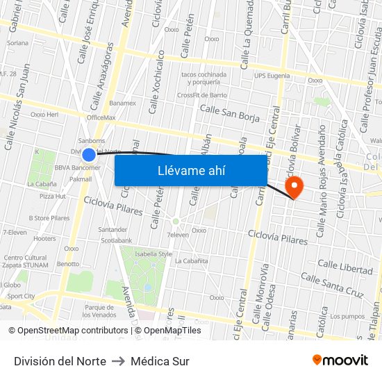 División del Norte to Médica Sur map