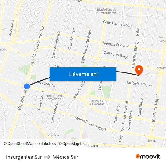 Insurgentes Sur to Médica Sur map