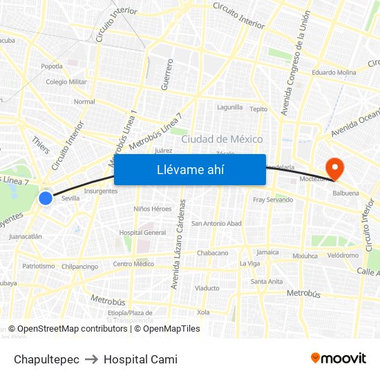 Chapultepec to Hospital Cami map
