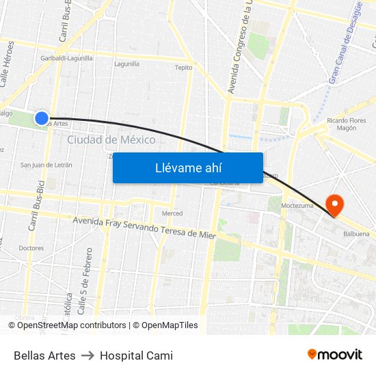 Bellas Artes to Hospital Cami map