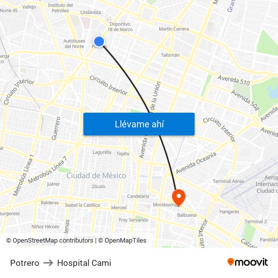 Potrero to Hospital Cami map