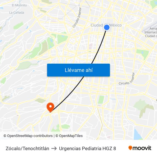 Zócalo/Tenochtitlán to Urgencias Pediatria HGZ 8 map