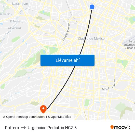 Potrero to Urgencias Pediatria HGZ 8 map