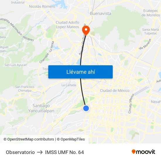 Observatorio to IMSS UMF No. 64 map