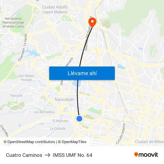 Cuatro Caminos to IMSS UMF No. 64 map
