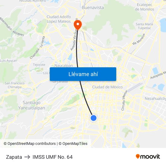 Zapata to IMSS UMF No. 64 map