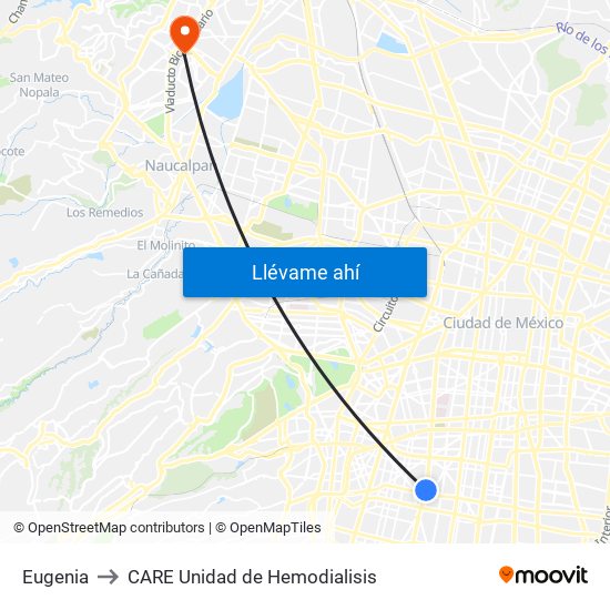 Eugenia to CARE Unidad de Hemodialisis map