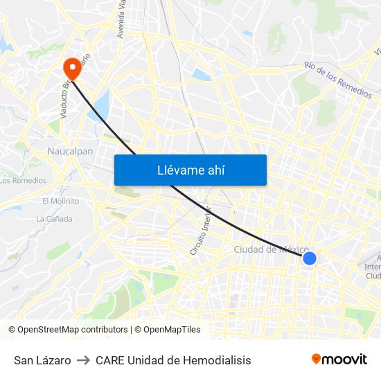 San Lázaro to CARE Unidad de Hemodialisis map