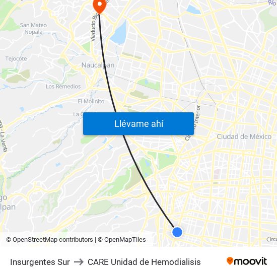 Insurgentes Sur to CARE Unidad de Hemodialisis map