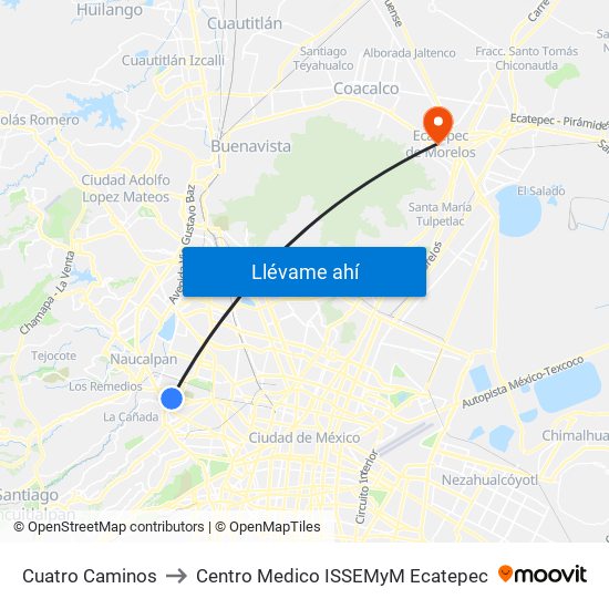 Cuatro Caminos to Centro Medico ISSEMyM Ecatepec map