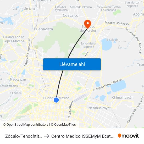 Zócalo/Tenochtitlán to Centro Medico ISSEMyM Ecatepec map