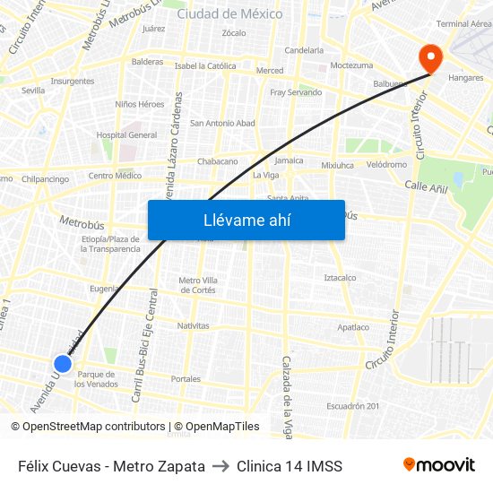 Félix Cuevas - Metro Zapata to Clinica 14 IMSS map