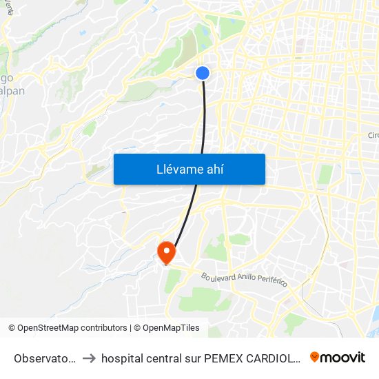 Observatorio to hospital central sur PEMEX CARDIOLOGIA map