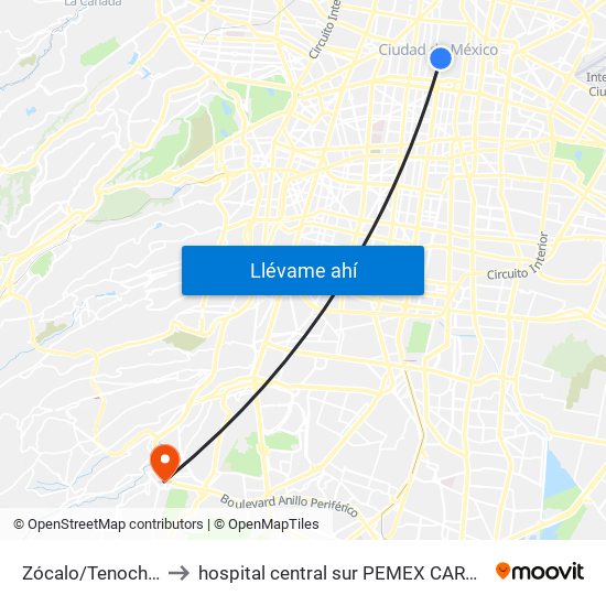 Zócalo/Tenochtitlán to hospital central sur PEMEX CARDIOLOGIA map