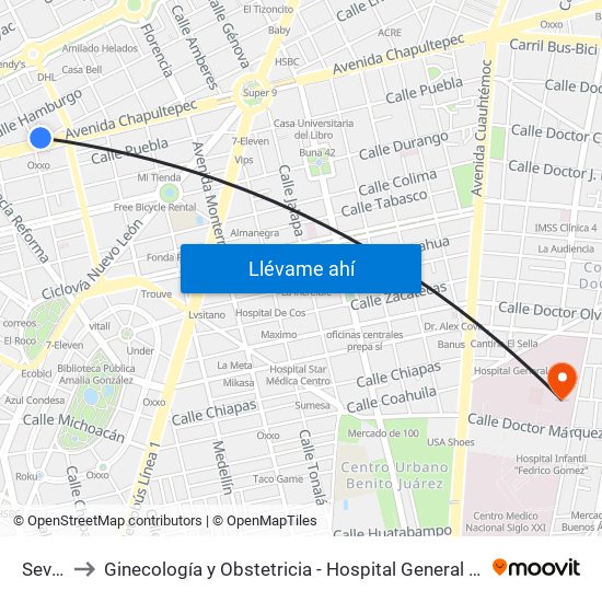 Sevilla to Ginecología y Obstetricia - Hospital General de México map