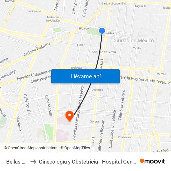 Bellas Artes to Ginecología y Obstetricia - Hospital General de México map