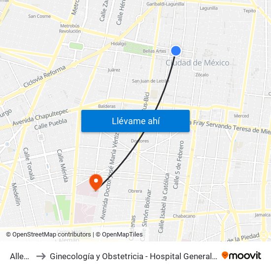 Allende to Ginecología y Obstetricia - Hospital General de México map