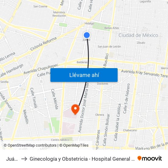 Juárez to Ginecología y Obstetricia - Hospital General de México map