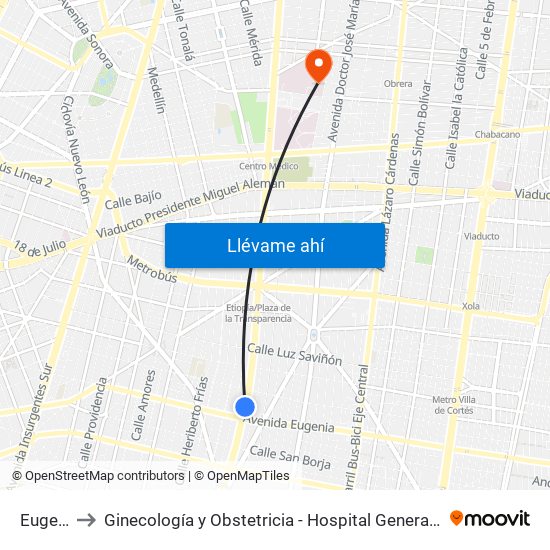 Eugenia to Ginecología y Obstetricia - Hospital General de México map