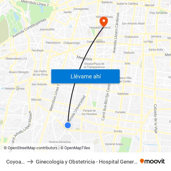 Coyoacán to Ginecología y Obstetricia - Hospital General de México map