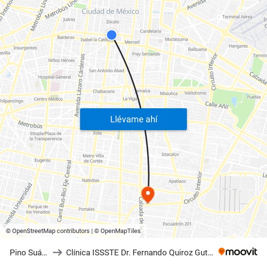 Pino Suárez to Clínica ISSSTE Dr. Fernando Quiroz Gutiérrez map