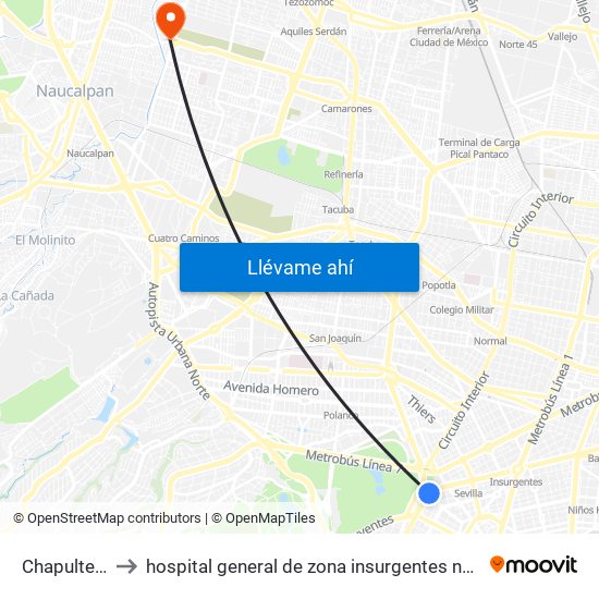 Chapultepec to hospital general de zona insurgentes no 24 IMMS map