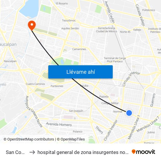 San Cosme to hospital general de zona insurgentes no 24 IMMS map