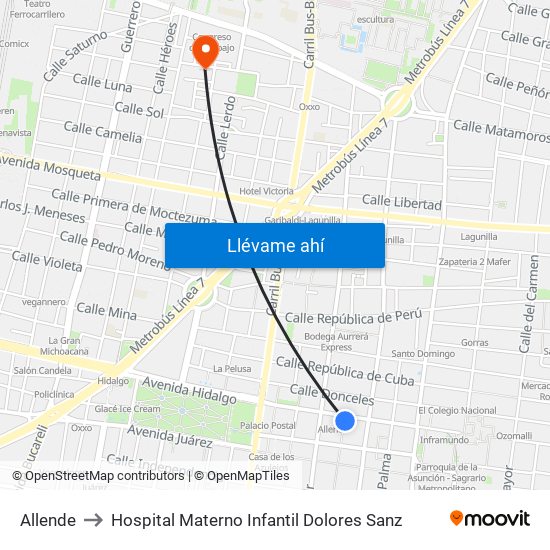 Allende to Hospital Materno Infantil Dolores Sanz map