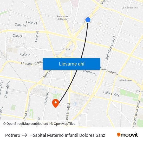 Potrero to Hospital Materno Infantil Dolores Sanz map