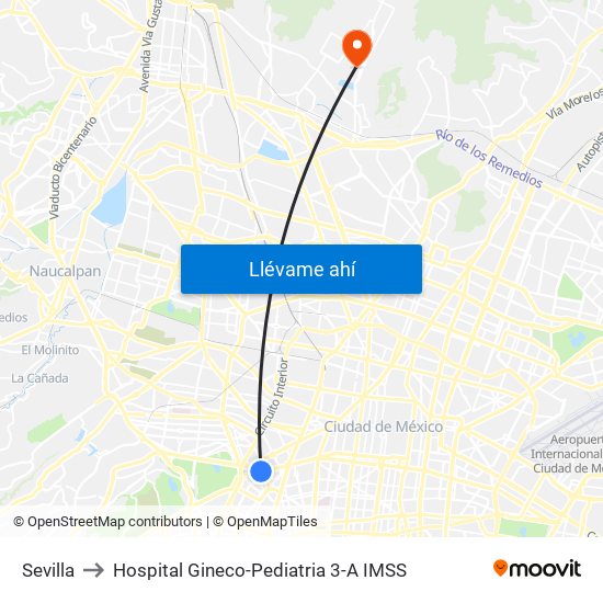 Sevilla to Hospital Gineco-Pediatria 3-A IMSS map