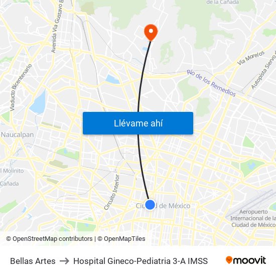 Bellas Artes to Hospital Gineco-Pediatria 3-A IMSS map