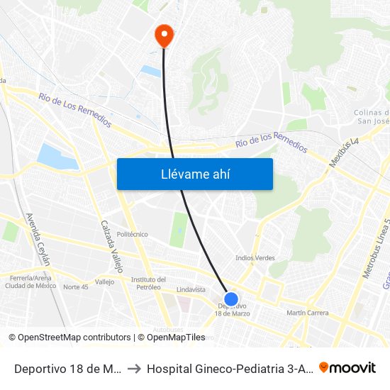 Deportivo 18 de Marzo to Hospital Gineco-Pediatria 3-A IMSS map