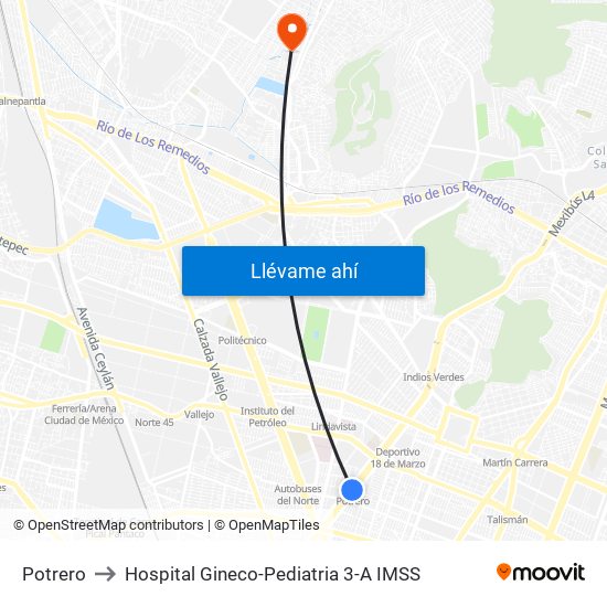 Potrero to Hospital Gineco-Pediatria 3-A IMSS map
