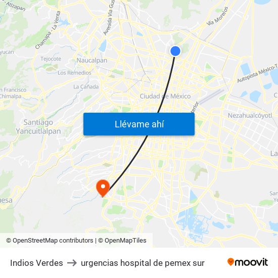 Indios Verdes to urgencias hospital de pemex sur map