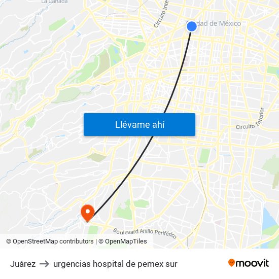 Juárez to urgencias hospital de pemex sur map