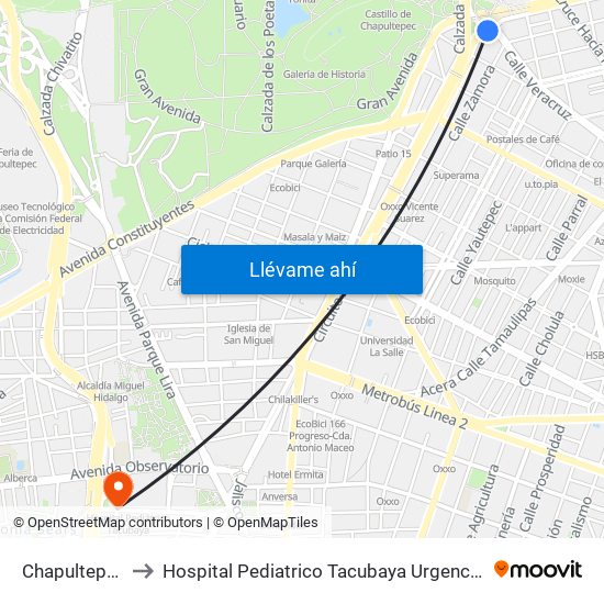 Chapultepec to Hospital Pediatrico Tacubaya Urgencias map