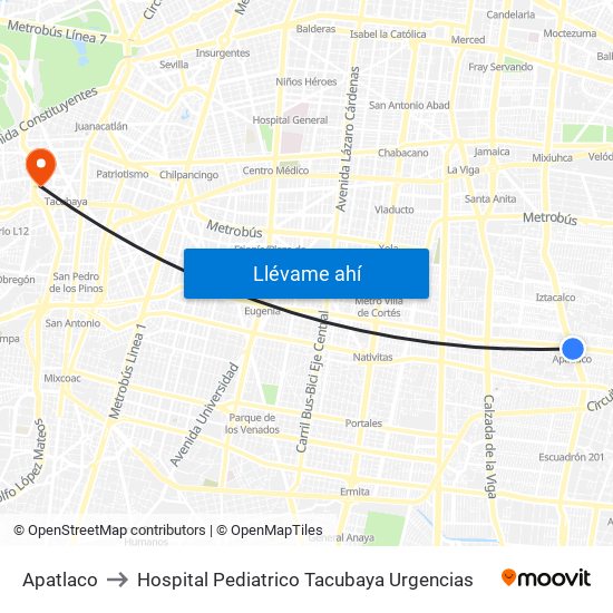 Apatlaco to Hospital Pediatrico Tacubaya Urgencias map