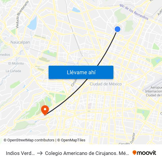 Indios Verdes to Colegio Americano de Cirujanos. México. map