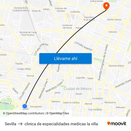 Sevilla to clinica de especialidades medicas la villa map