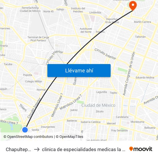 Chapultepec to clinica de especialidades medicas la villa map