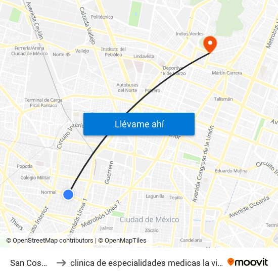 San Cosme to clinica de especialidades medicas la villa map