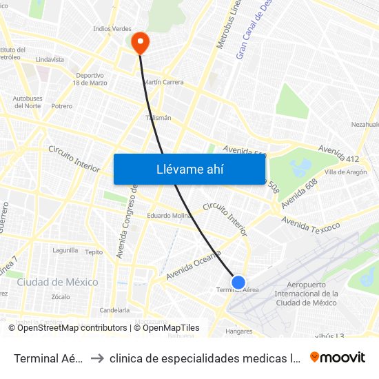 Terminal Aérea to clinica de especialidades medicas la villa map