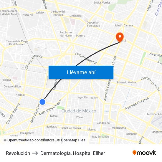 Revolución to Dermatología, Hospital Eliher map