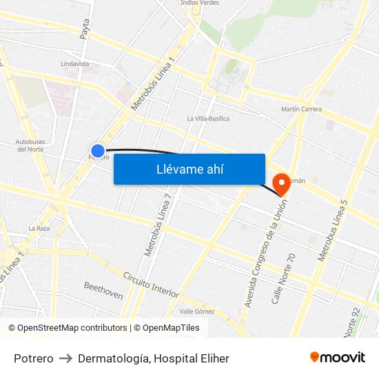 Potrero to Dermatología, Hospital Eliher map